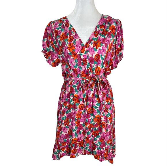 Zara Pink and Red Floral Print Short Sleeve Mini Wrap Dress Size Large - Picture 4 of 9